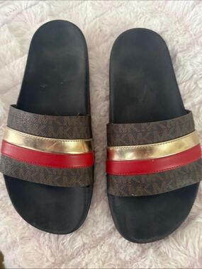 Michael Kors Brown, Gold & Red Logo Slide Sandals slides